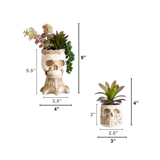 5.5" & 9" Artificial Halloween Succulent Garden in Skull Planters Set